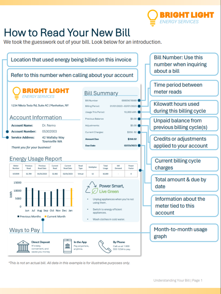 An energy bill that contains information on each line item listed within the bill.